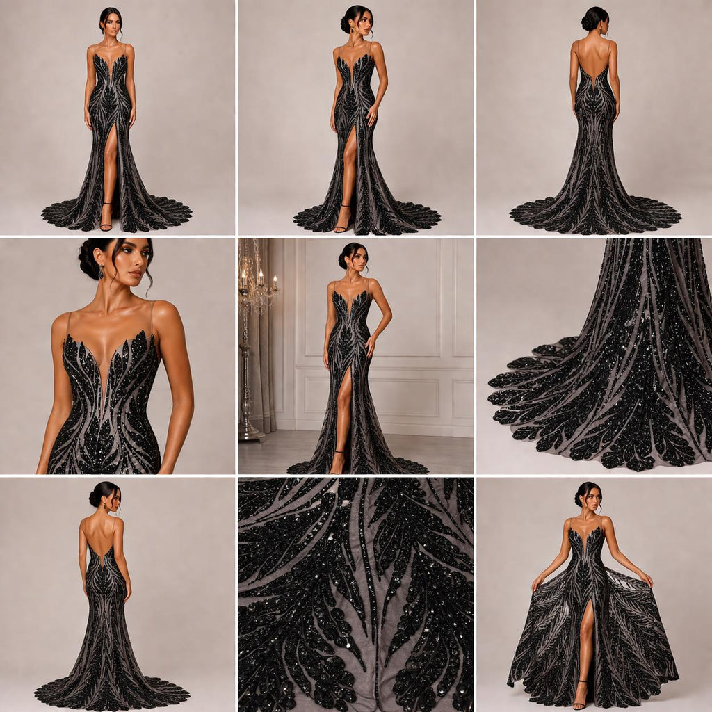 Black Sapphire Sequin Embroidered Mesh Fabric – Luxury Blue Lace by the Yard – Couture Evening Dress, Prom & Bridal Fabric