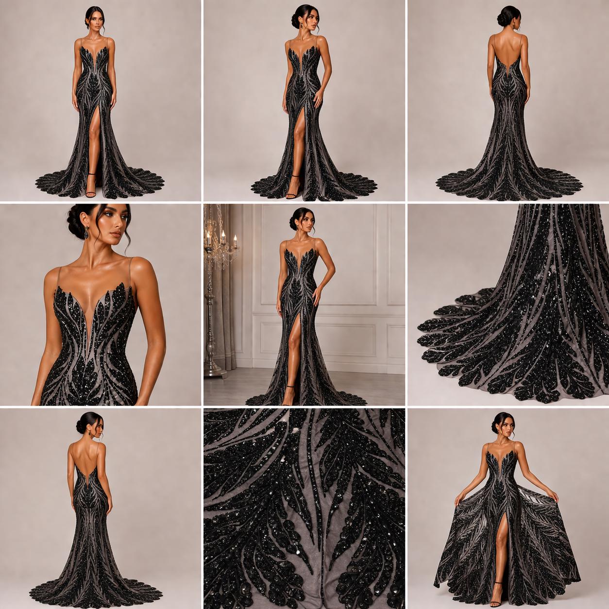 Black Sapphire Sequin Embroidered Mesh Fabric – Luxury Blue Lace by the Yard – Couture Evening Dress, Prom & Bridal Fabric