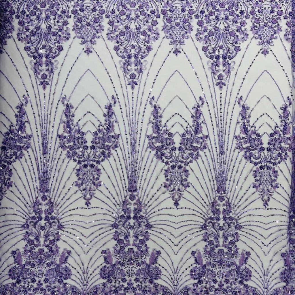 Luxury Lace - Lilac - 3D Beaded Design with Embroidered Sequins and Beads On a Mesh Lace Fabric for Prom Dress By The Yard