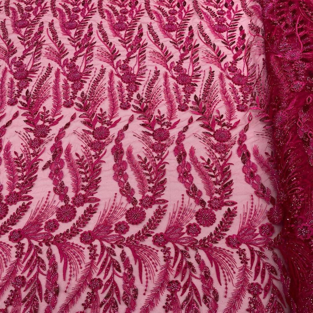Luxury Lace - Fuchsia - 3D Beaded Design with Embroidered Sequins and Beads On a Mesh Lace Fabric for Prom Dress By The Yard