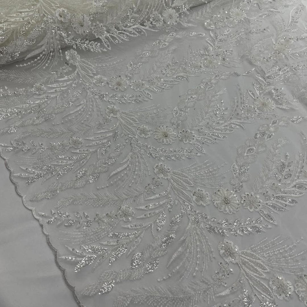 Luxury Lace - Ivory - 3D Beaded Design with Embroidered Sequins and Beads On a Mesh Lace Fabric for Prom Dress By The Yard