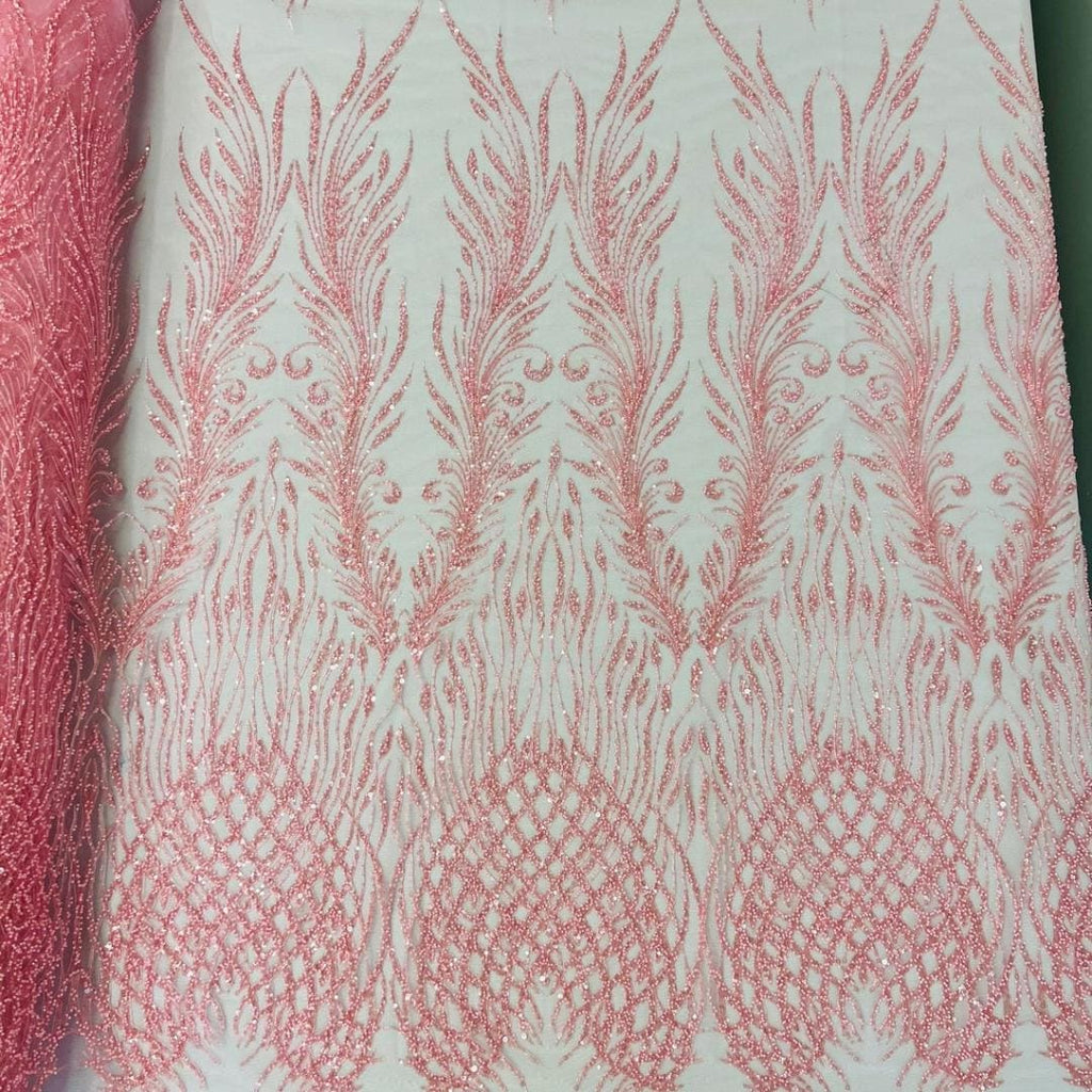 Luxury Lace - Pink - 3D Beaded Design with Embroidered Sequins and Beads On a Mesh Lace Fabric for Prom Dress By The Yard