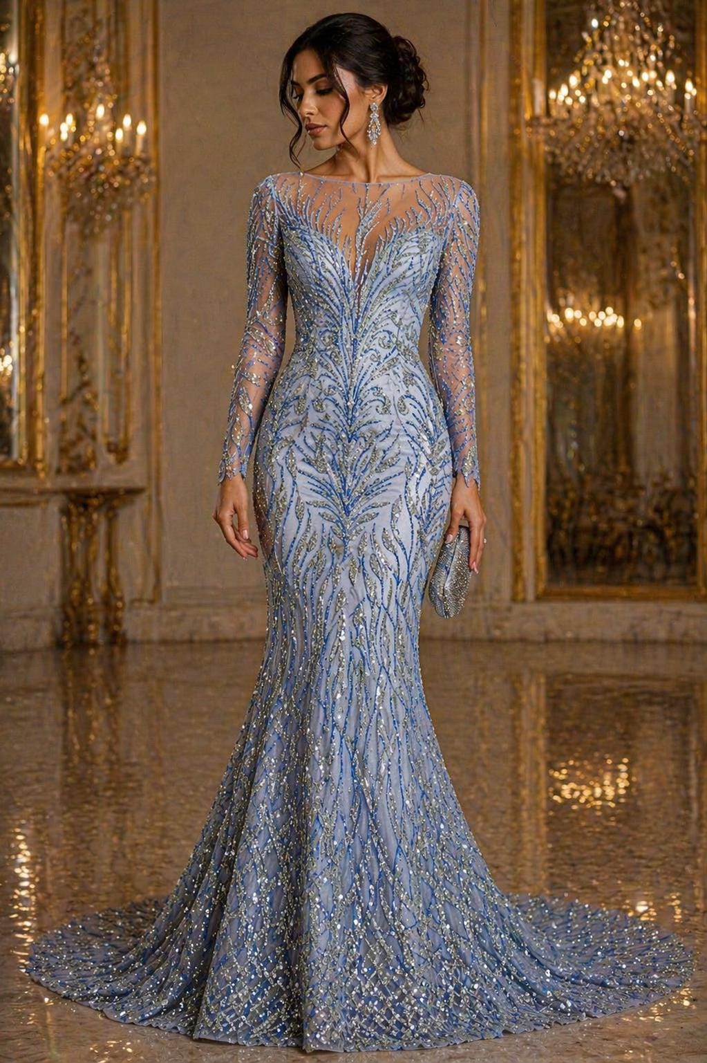 Luxury Lace - Royal Blue - 3D Beaded Design with Embroidered Sequins and Beads On a Mesh Lace Fabric for Prom Dress By The Yard