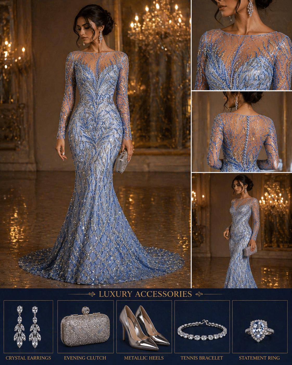 Luxury Lace - Royal Blue - 3D Beaded Design with Embroidered Sequins and Beads On a Mesh Lace Fabric for Prom Dress By The Yard