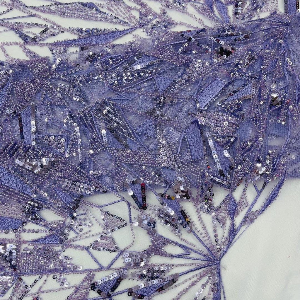 Luxury Geometric Lace - Lavender - 3D Beaded Design with Embroidered Sequins and Beads On a Mesh Lace Fabric for Prom Dress By The Yard