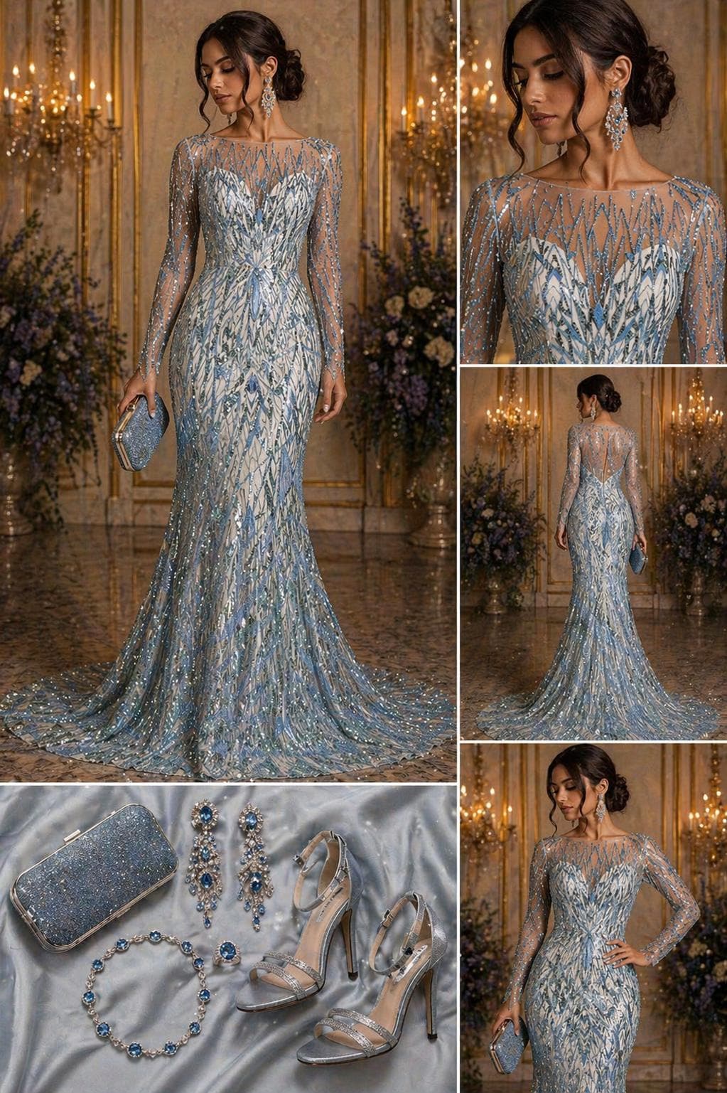 Luxury Geometric Lace - Lt Blue - 3D Beaded Design with Embroidered Sequins and Beads On a Mesh Lace Fabric for Prom Dress By The Yard