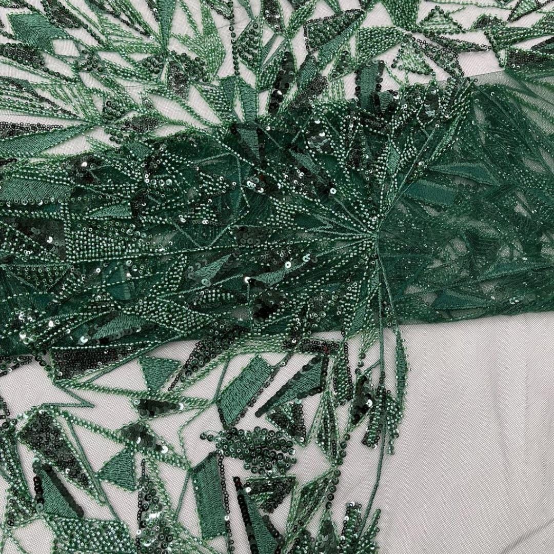 Luxury Geometric Lace - Hunter - 3D Beaded Design with Embroidered Sequins and Beads On a Mesh Lace Fabric for Prom Dress By The Yard