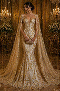 Luxury Heart Lace - Gold - 3D Beaded Design with Embroidered Sequins and Beads On a Mesh Lace Fabric for Prom Dress By The Yard