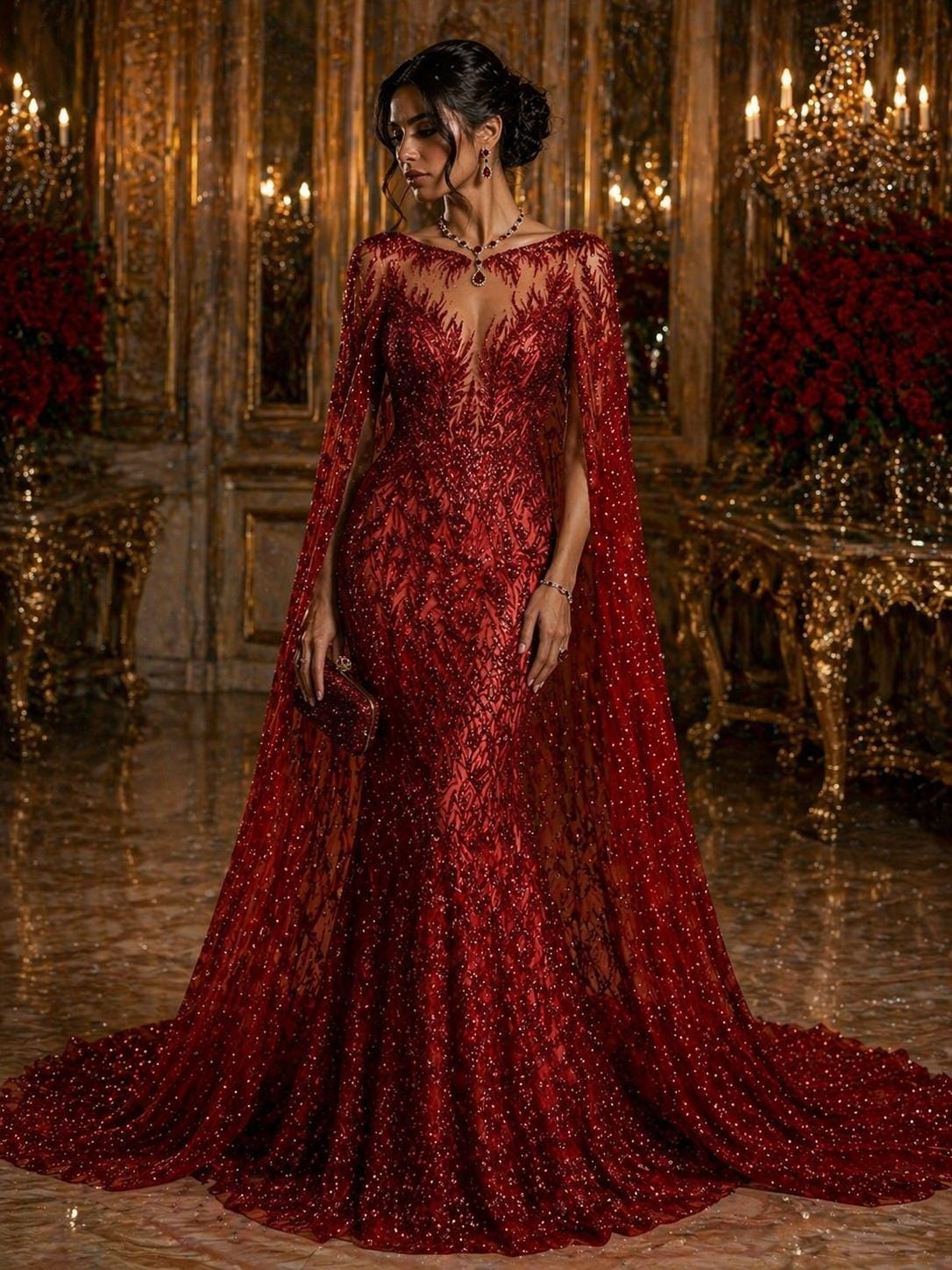 Luxury Lace - Red - 3D Beaded Design with Embroidered Sequins and Beads On a Mesh Lace Fabric for Prom Dress By The Yard
