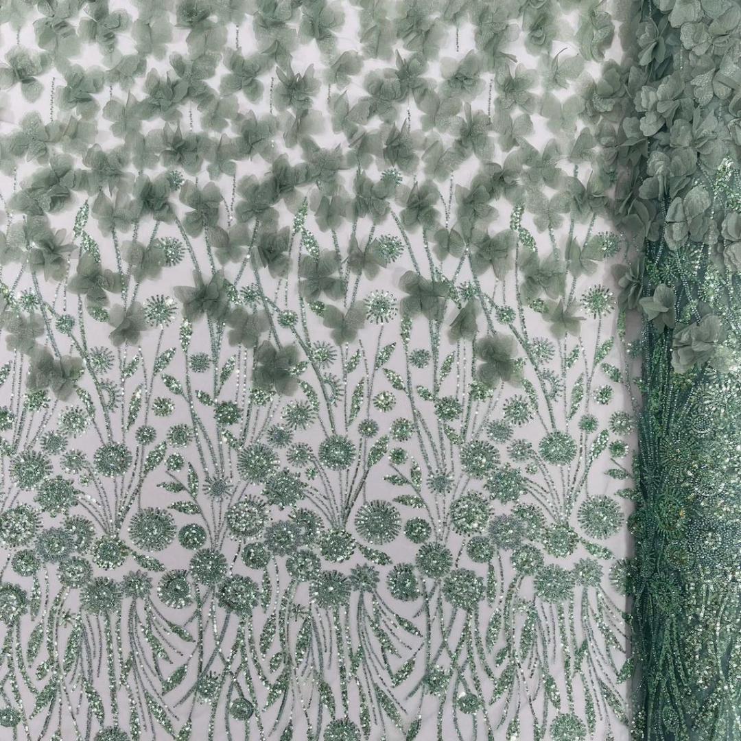 Luxury Butterfly Beaded Lace - Sage - 3D Beaded Design with Embroidered Sequins and Beads On Mesh Lace Fabric for Prom Dress By The Yard