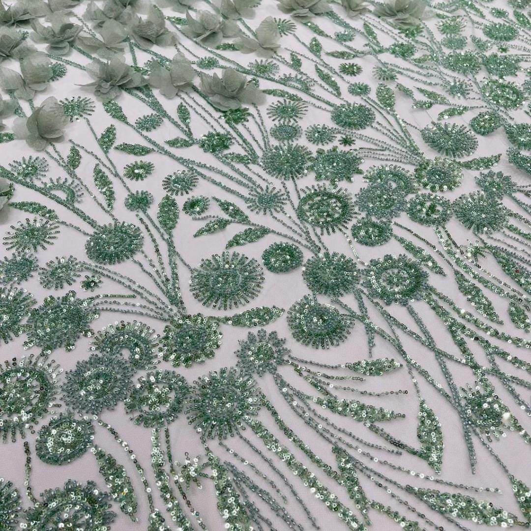 Luxury Butterfly Beaded Lace - Sage - 3D Beaded Design with Embroidered Sequins and Beads On Mesh Lace Fabric for Prom Dress By The Yard