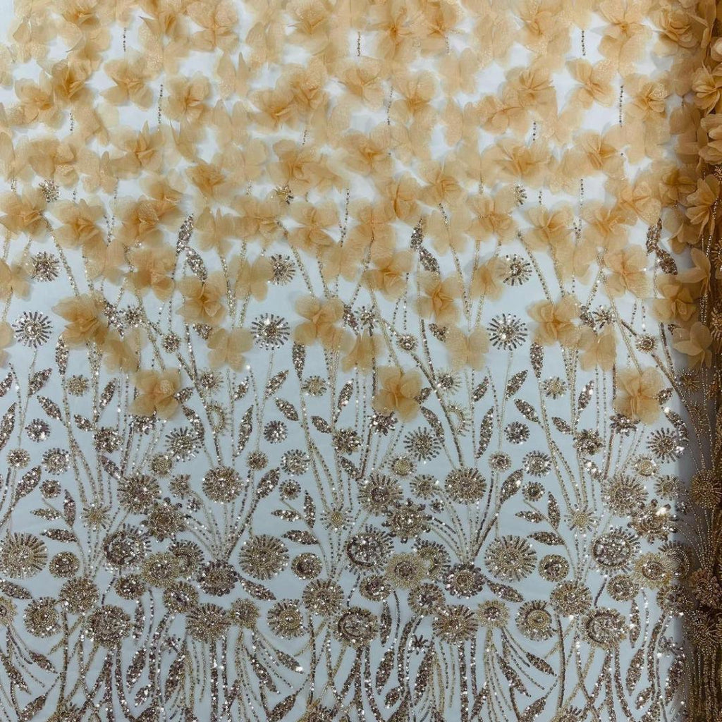 Luxury Butterfly Beaded Lace - Champagne -3D Beaded Design with Embroidered Sequins and Beads On Mesh Lace Fabric for Prom Dress By The Yard