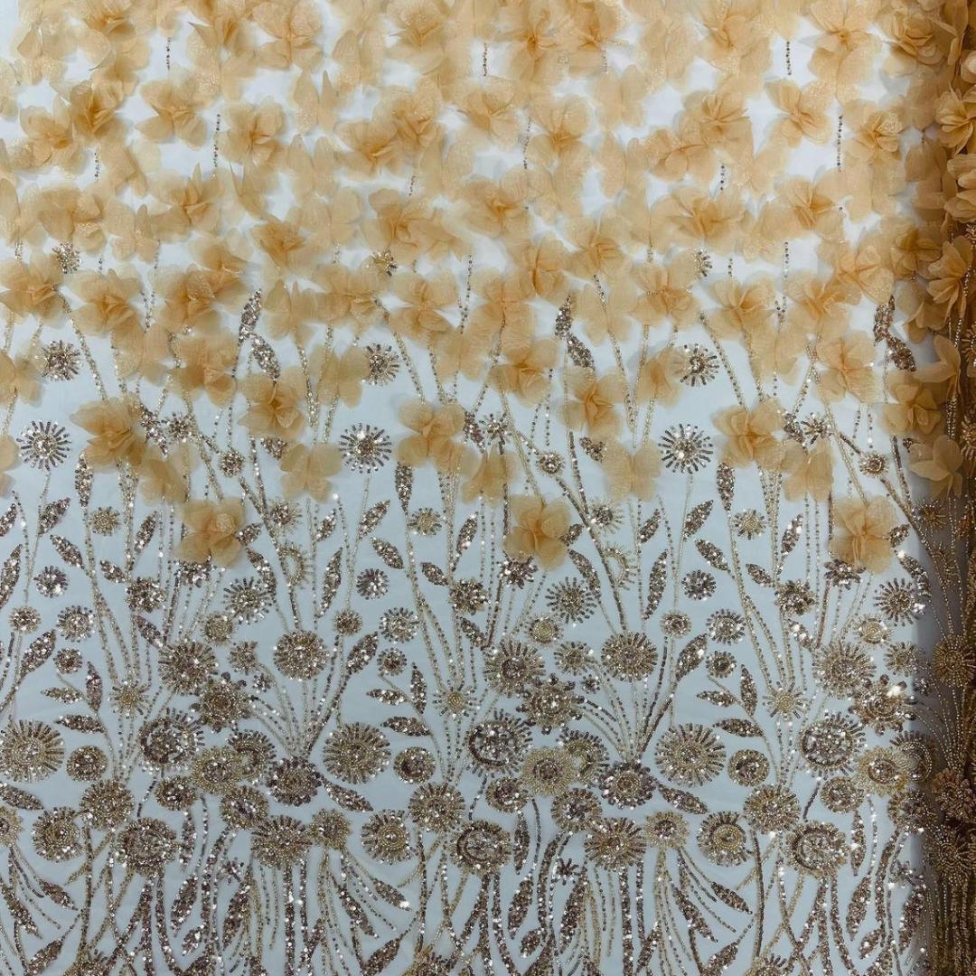 Luxury Butterfly Beaded Lace - Champagne -3D Beaded Design with Embroidered Sequins and Beads On Mesh Lace Fabric for Prom Dress By The Yard