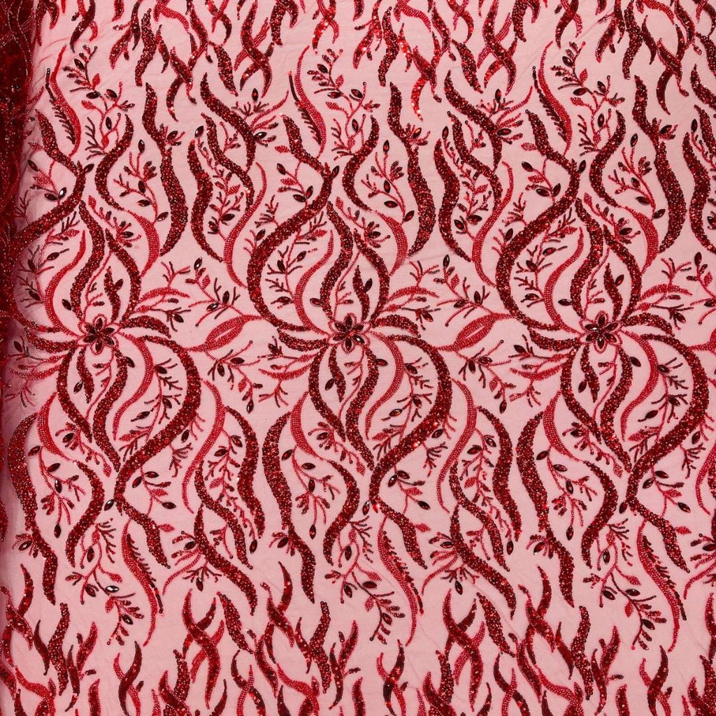 Luxurious Design Lace - Red - 3D Beaded Design with Embroidered Sequins and Beads On a Mesh Lace Fabric for Prom Dress By The Yard