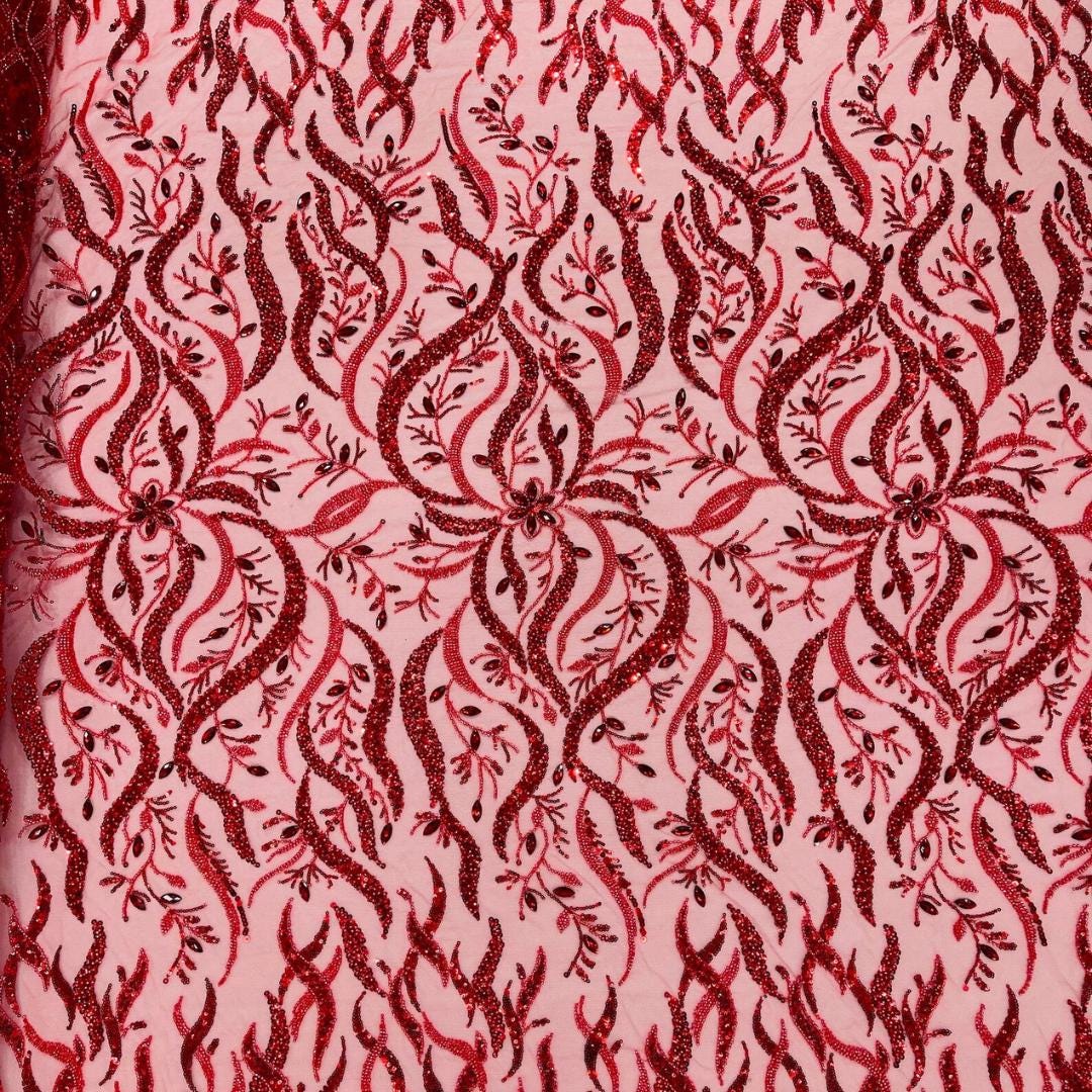 Luxurious Design Lace - Red - 3D Beaded Design with Embroidered Sequins and Beads On a Mesh Lace Fabric for Prom Dress By The Yard