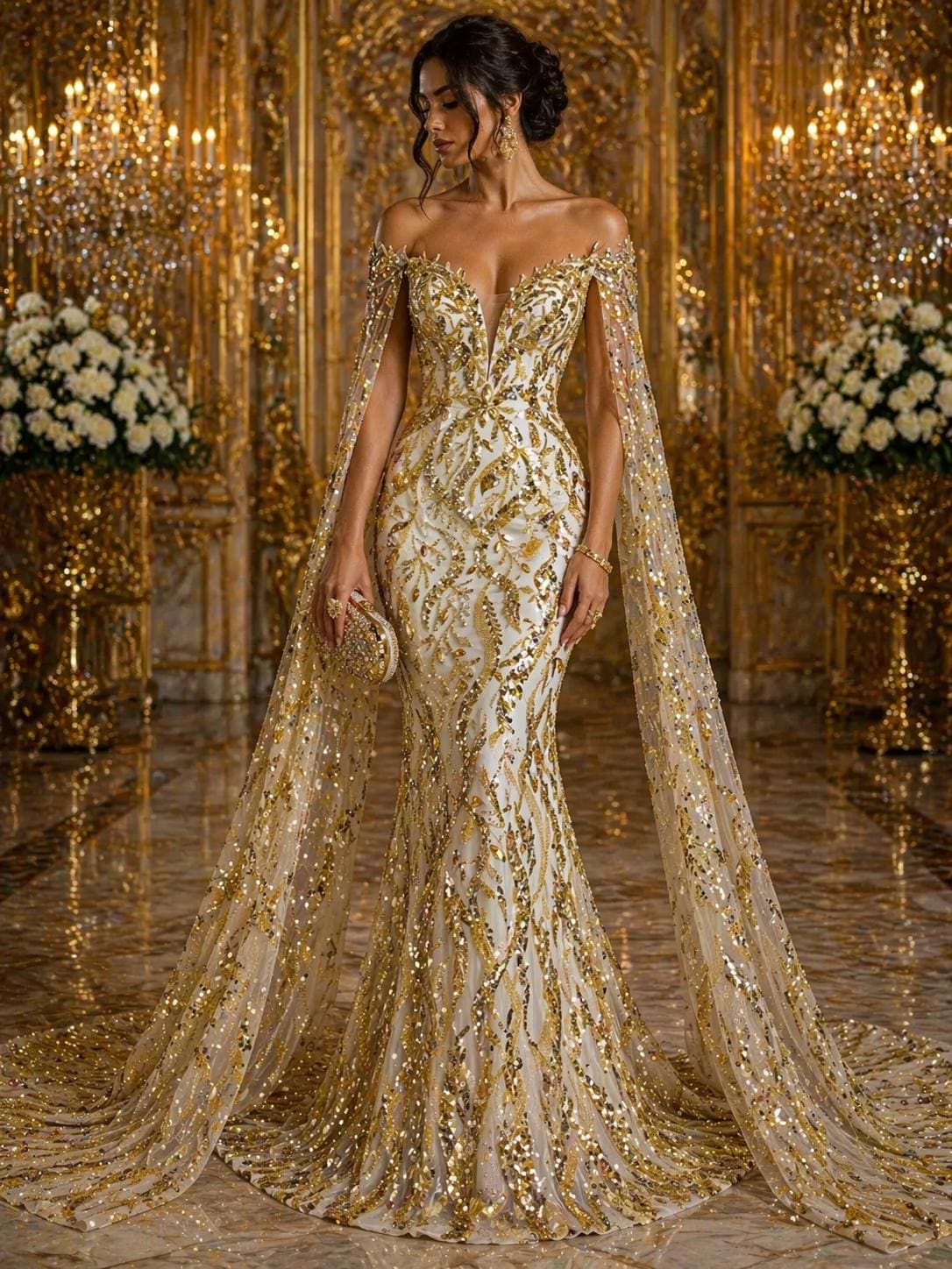 Luxurious Design Lace - Gold - 3D Beaded Design with Embroidered Sequins and Beads On a Mesh Lace Fabric for Prom Dress By The Yard