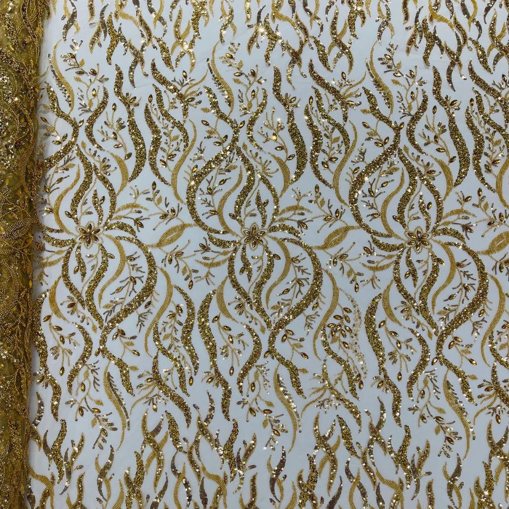 Luxurious Design Lace - Gold - 3D Beaded Design with Embroidered Sequins and Beads On a Mesh Lace Fabric for Prom Dress By The Yard