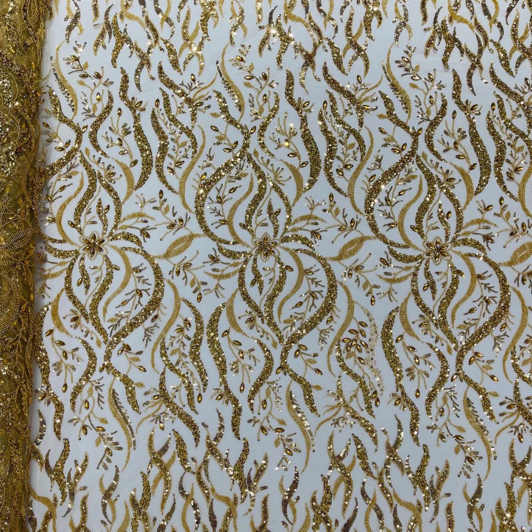 Luxurious Design Lace - Gold - 3D Beaded Design with Embroidered Sequins and Beads On a Mesh Lace Fabric for Prom Dress By The Yard