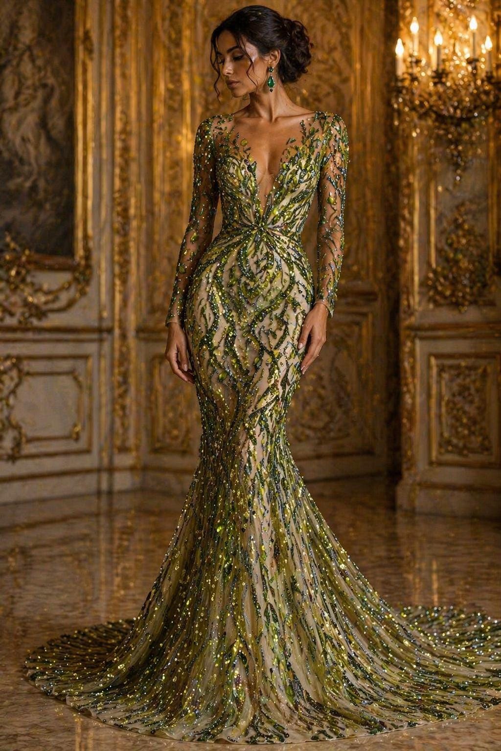 Luxurious Design Lace - Olive - 3D Beaded Design with Embroidered Sequins and Beads On a Mesh Lace Fabric for Prom Dress By The Yard