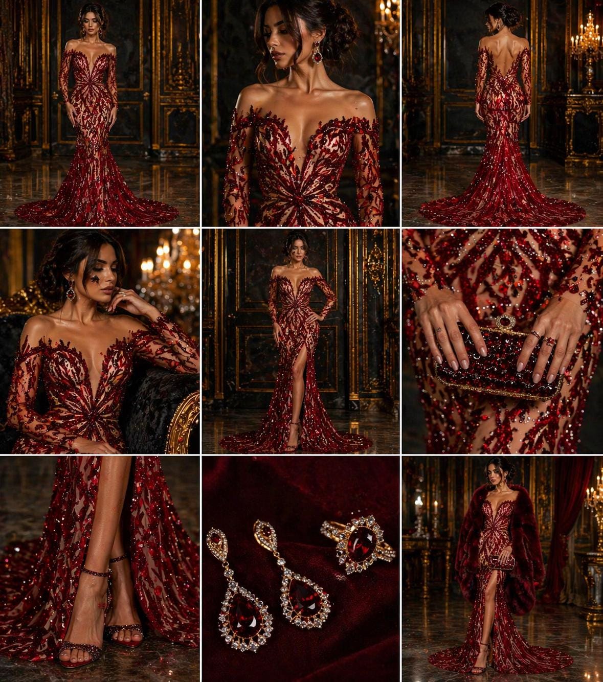 Luxurious Design Lace - Burgundy - 3D Beaded Design with Embroidered Sequins and Beads On a Mesh Lace Fabric for Prom Dress By The Yard