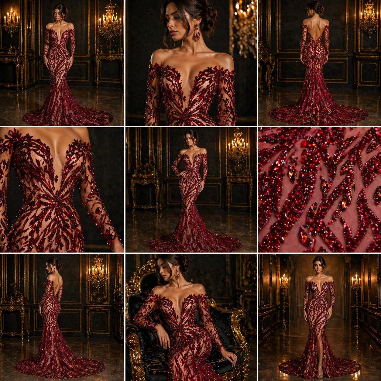 Luxurious Design Lace - Burgundy - 3D Beaded Design with Embroidered Sequins and Beads On a Mesh Lace Fabric for Prom Dress By The Yard