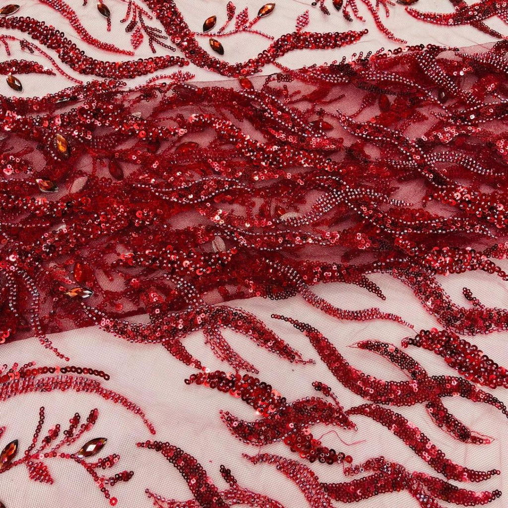 Luxurious Design Lace - Burgundy - 3D Beaded Design with Embroidered Sequins and Beads On a Mesh Lace Fabric for Prom Dress By The Yard