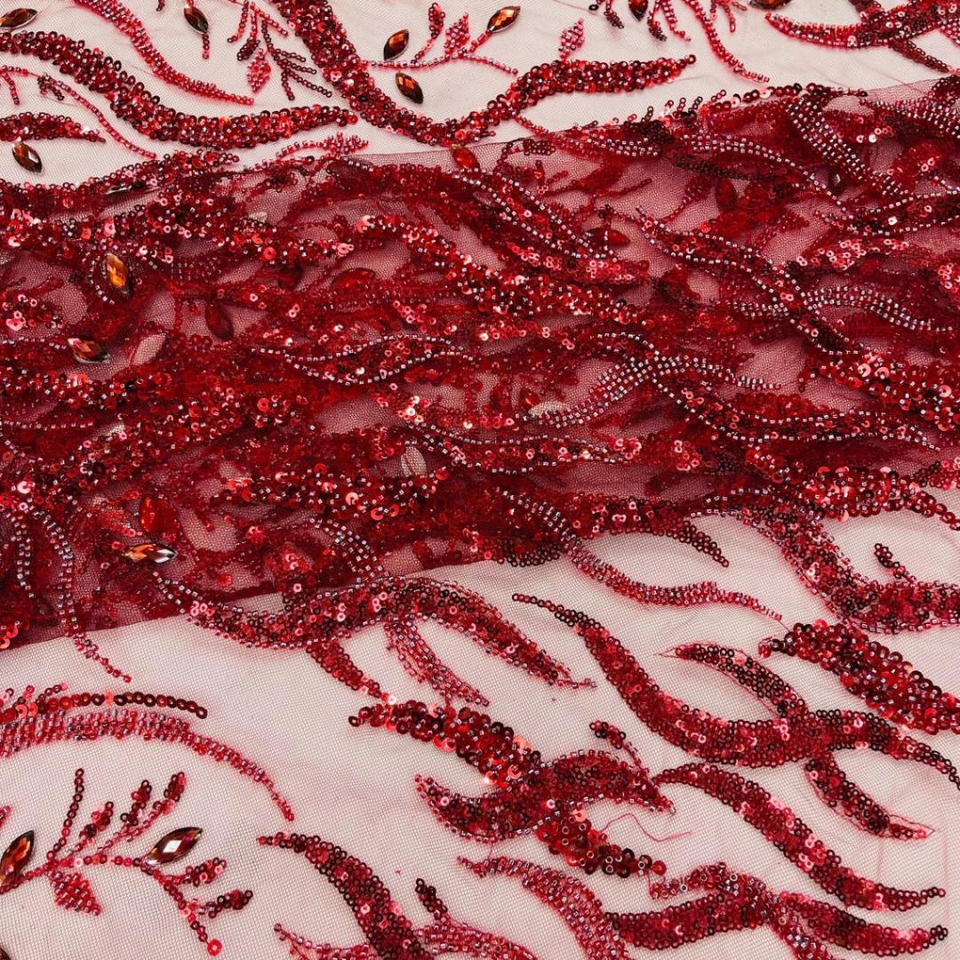 Luxurious Design Lace - Burgundy - 3D Beaded Design with Embroidered Sequins and Beads On a Mesh Lace Fabric for Prom Dress By The Yard