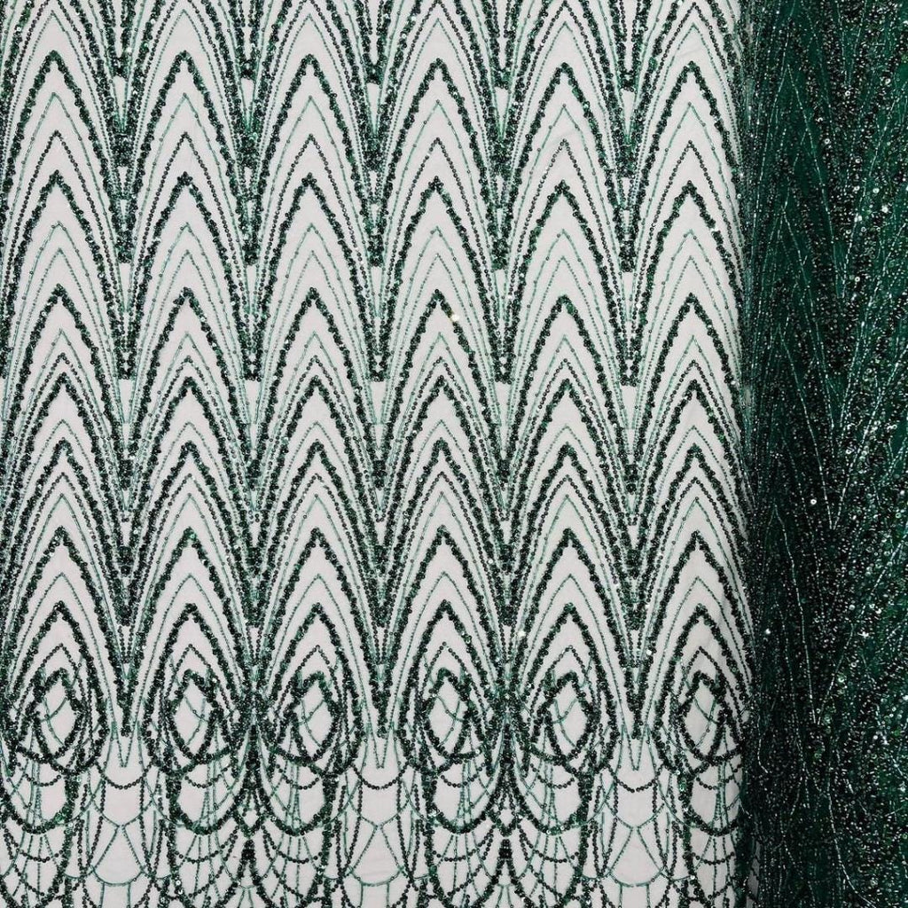 Luxurious Arch Design Lace - Hunter - Beaded Design with Embroidered Sequins and Beads On a Mesh Lace Fabric for Prom Dress By The Yard