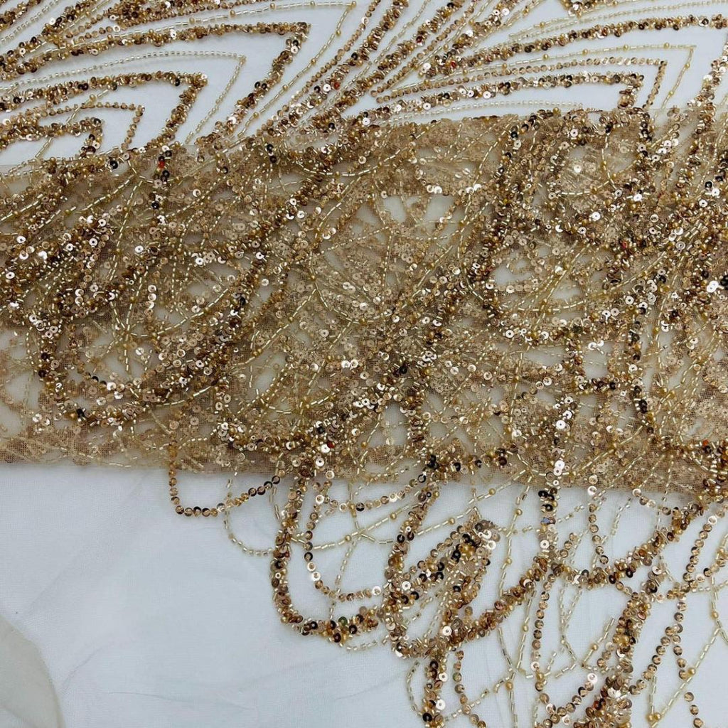Luxurious Arch Design Lace -Champagne - Beaded Design with Embroidered Sequins and Beads On a Mesh Lace Fabric for Prom Dress By The Yard