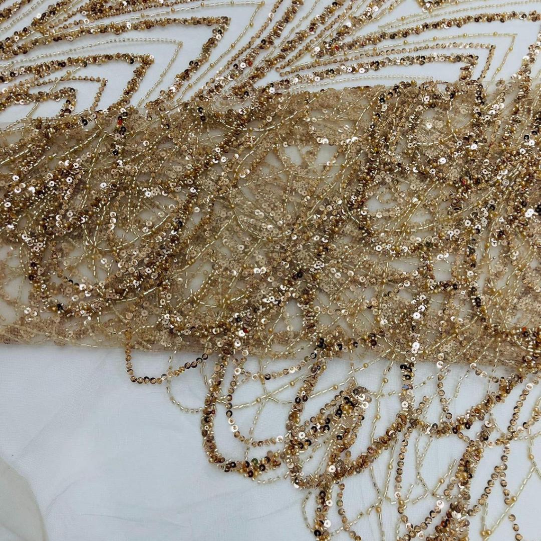 Luxurious Arch Design Lace -Champagne - Beaded Design with Embroidered Sequins and Beads On a Mesh Lace Fabric for Prom Dress By The Yard