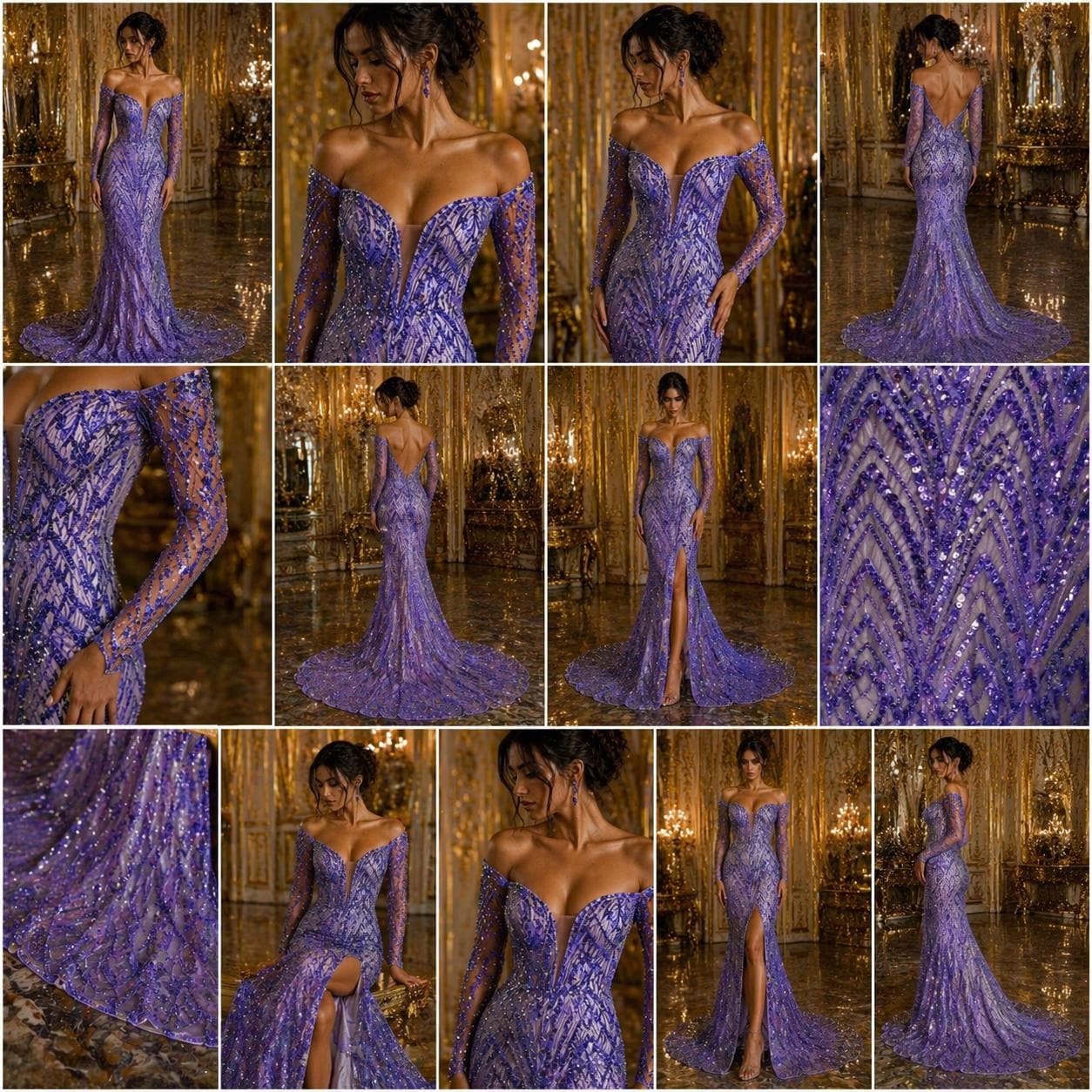 Luxurious Arch Design Lace - Lavender - Beaded Design with Embroidered Sequins and Beads On a Mesh Lace Fabric for Prom Dress By The Yard