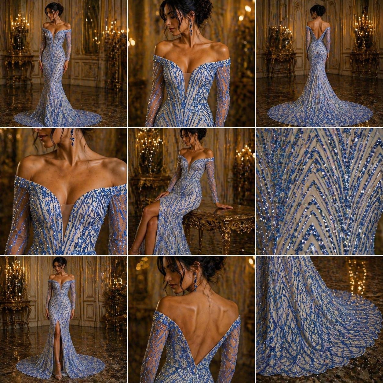 Luxurious Arch Design Lace - Lt Blue - Beaded Design with Embroidered Sequins and Beads On a Mesh Lace Fabric for Prom Dress By The Yard