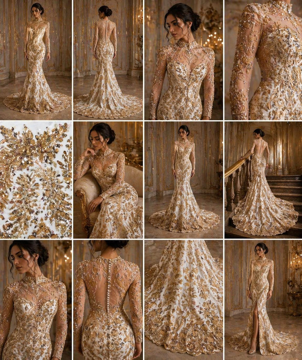 Luxembourg Designs Lace - Champagne - Beaded Design with Embroidered Sequins and Beads On a Mesh Lace Fabric for Prom Dress By The Yard