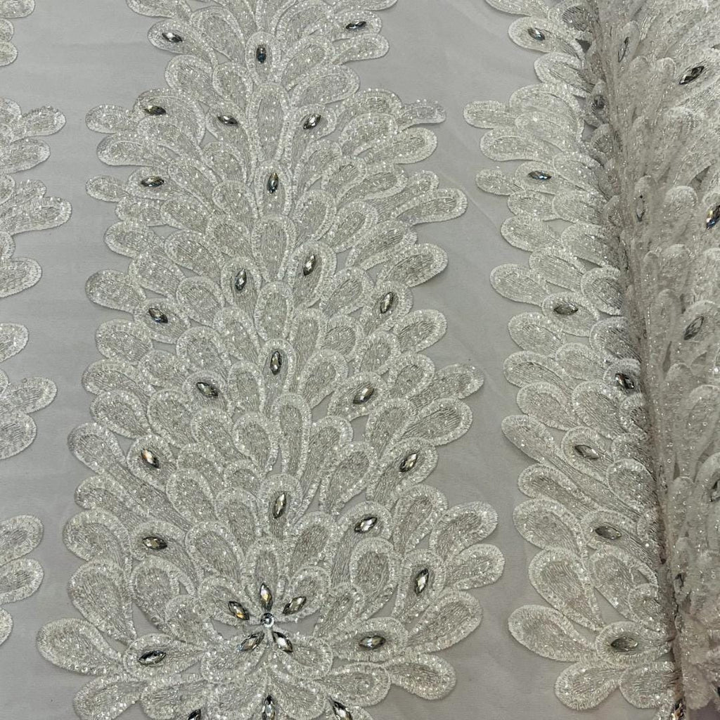 Luxurious Feather Designs Lace - White - Beaded & Embroidered Sequins and Beads On Mesh Lace Fabric for Prom Dress. Sold By 3 Feathers