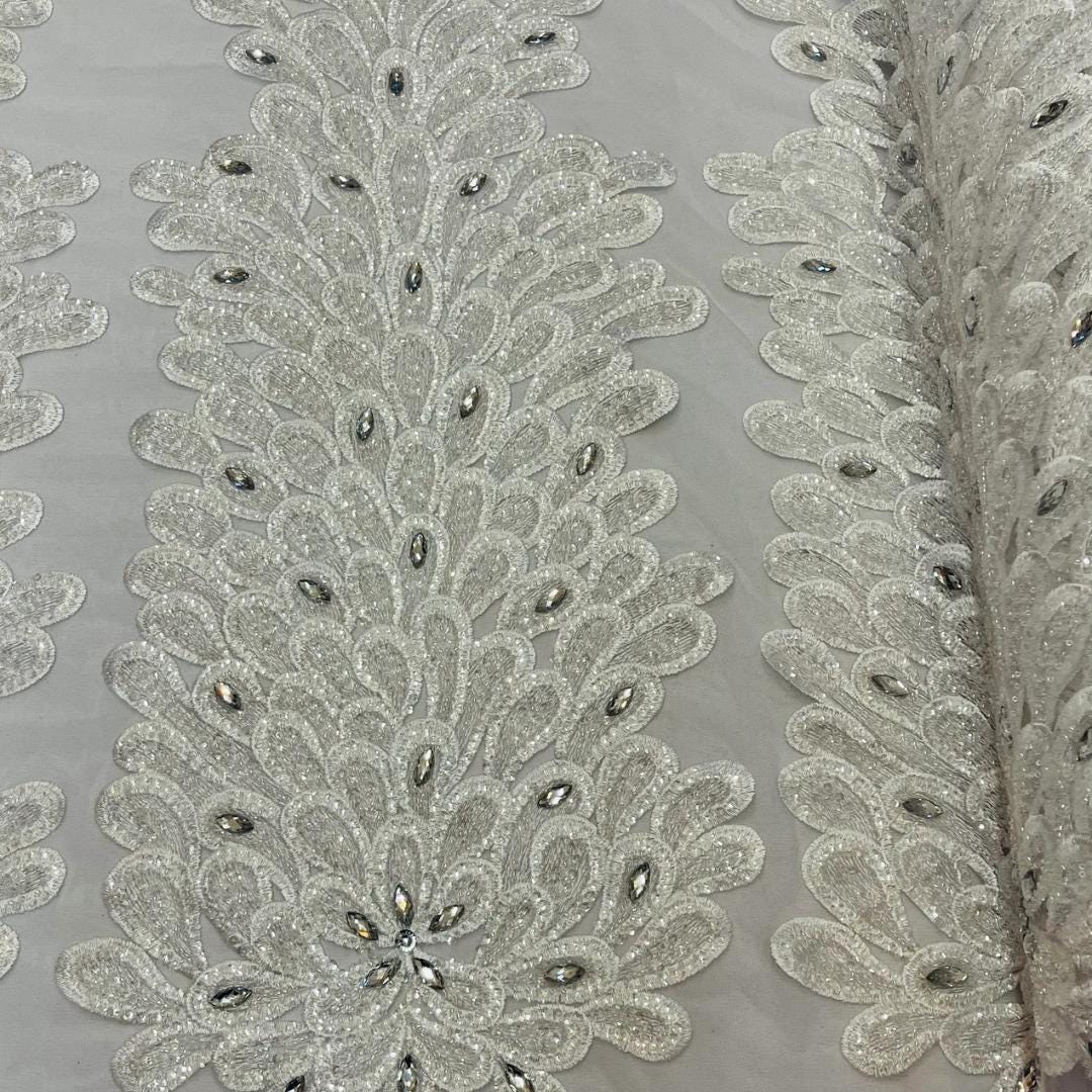 Luxurious Feather Designs Lace - White - Beaded & Embroidered Sequins and Beads On Mesh Lace Fabric for Prom Dress. Sold By 3 Feathers