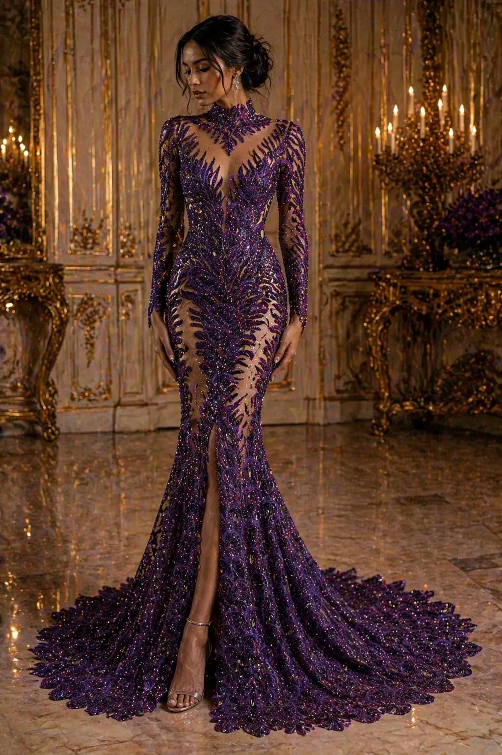 Luxurious Feather Designs Lace - Purple - Beaded & Embroidered Sequins and Beads On Mesh Lace Fabric for Prom Dress. Sold By 3 Feathers