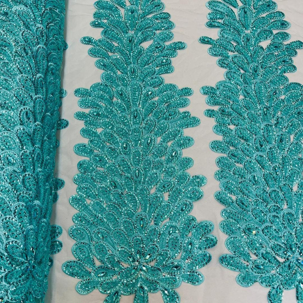 Luxurious Feather Designs Lace - AquaMint - Beaded & Embroidered Sequins and Beads On Mesh Lace Fabric for Prom Dress. Sold By 3 Feathers