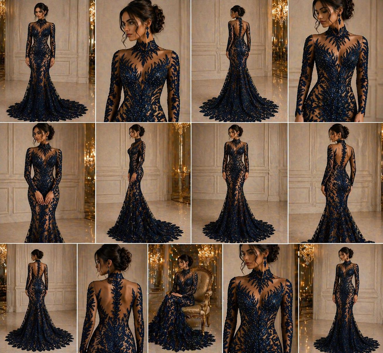 Luxurious Feather Designs Lace - Navy - Beaded & Embroidered Sequins and Beads On Mesh Lace Fabric for Prom Dress. Sold By 3 Feathers