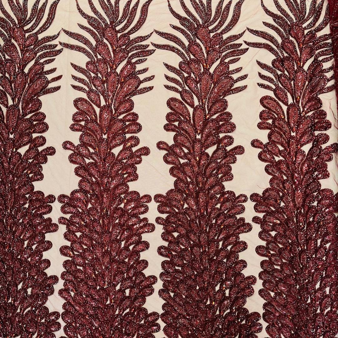 Luxurious Feather Designs Lace - Burgundy - Beaded & Embroidered Sequins and Beads On Mesh Lace Fabric for Prom Dress. Sold By 3 Feathers