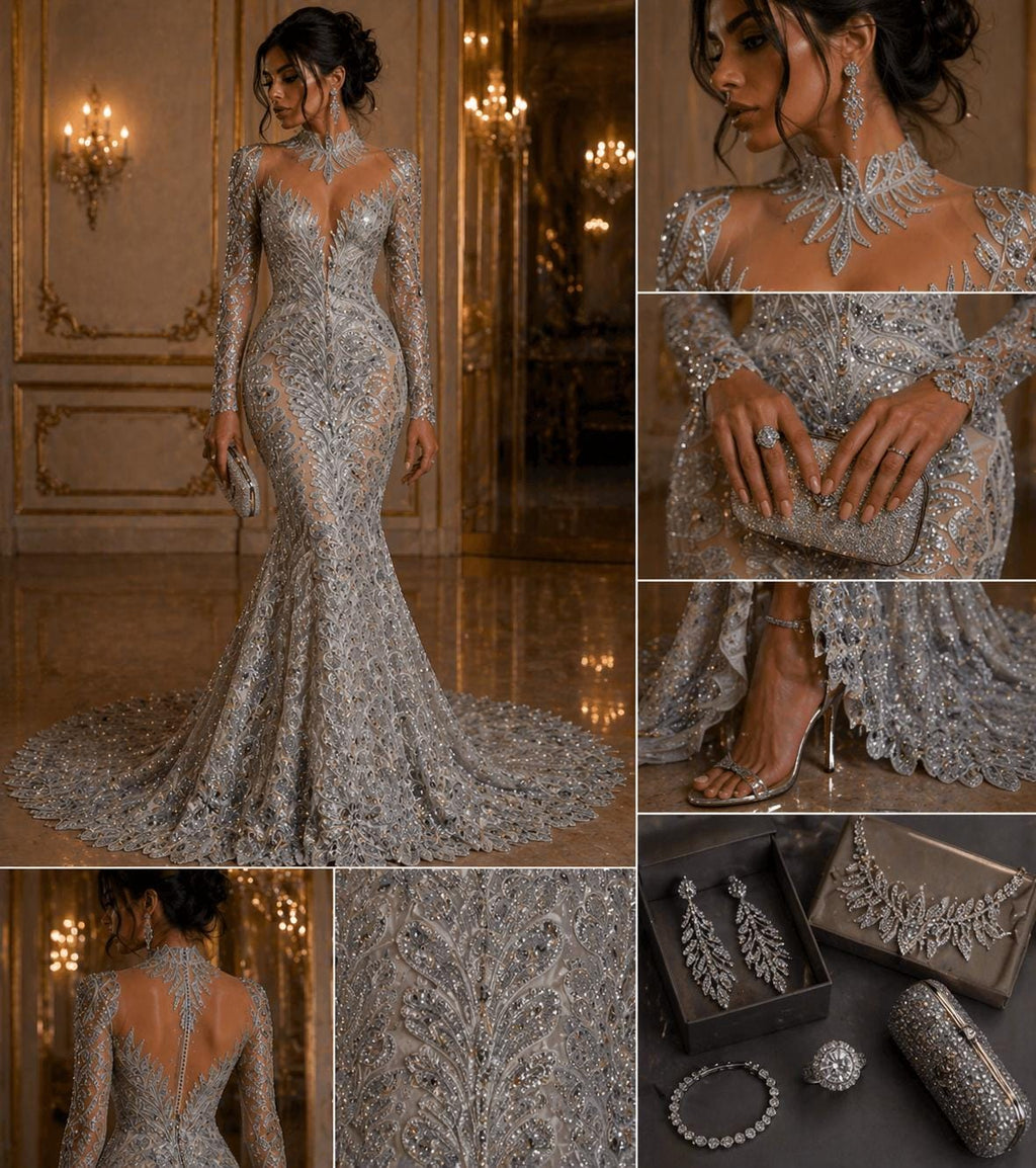 Luxurious Feather Designs Lace - Silver - Beaded & Embroidered Sequins and Beads On Mesh Lace Fabric for Prom Dress. Sold By 3 Feathers