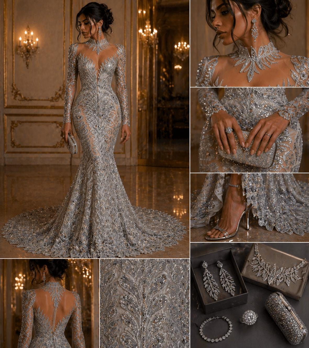 Luxurious Feather Designs Lace - Silver - Beaded & Embroidered Sequins and Beads On Mesh Lace Fabric for Prom Dress. Sold By 3 Feathers