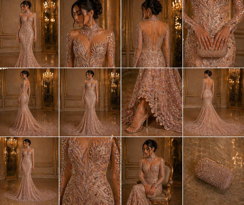 Luxurious Feather Designs Lace - RoseGold  - Beaded & Embroidered Sequins and Beads On Mesh Lace Fabric for Prom Dress. Sold By 3 Feathers