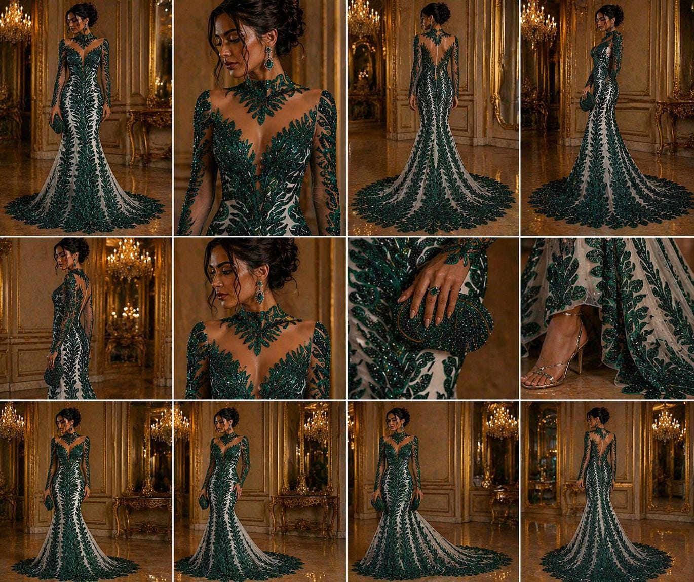 Luxurious Feather Designs Lace - Hunter  - Beaded & Embroidered Sequins and Beads On Mesh Lace Fabric for Prom Dress. Sold By 3 Feathers