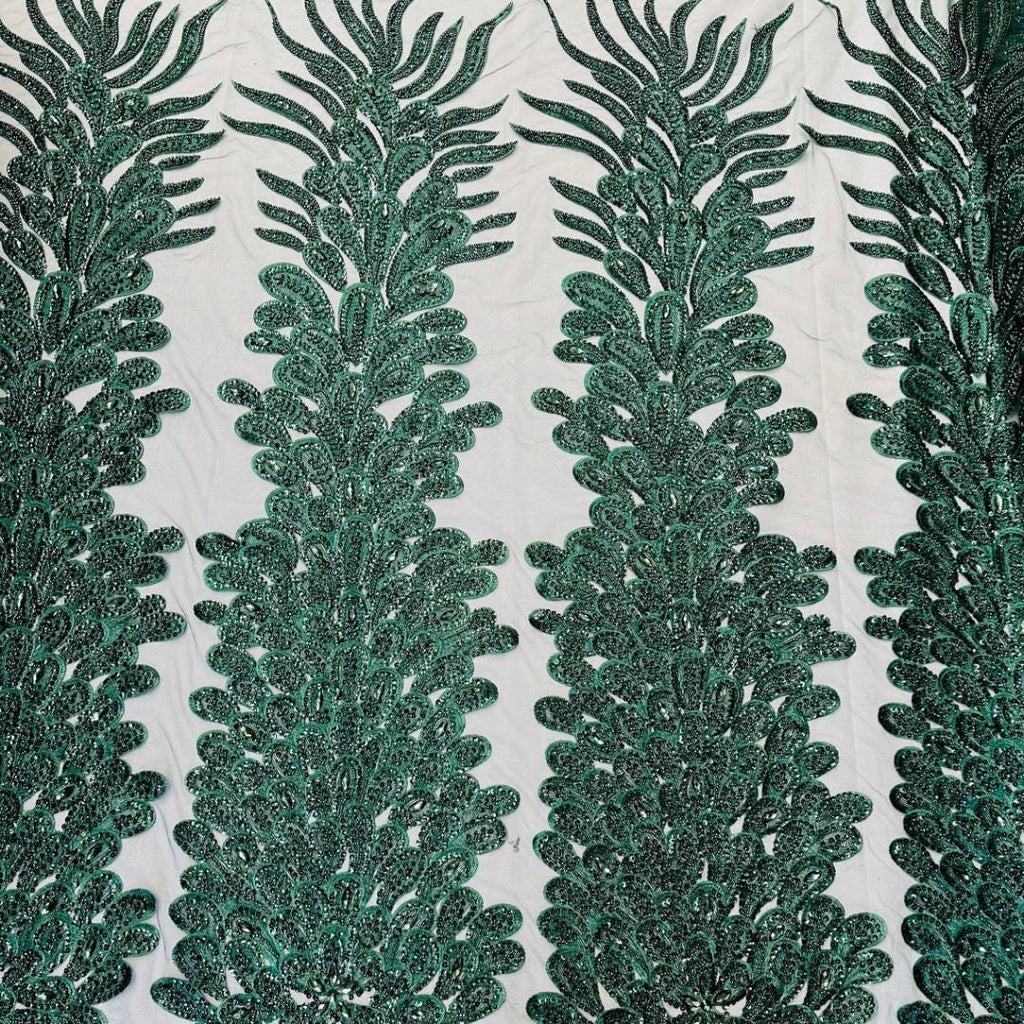 Luxurious Feather Designs Lace - Hunter  - Beaded & Embroidered Sequins and Beads On Mesh Lace Fabric for Prom Dress. Sold By 3 Feathers