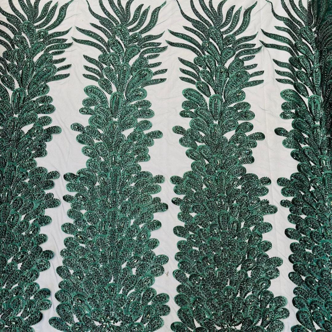 Luxurious Feather Designs Lace - Hunter  - Beaded & Embroidered Sequins and Beads On Mesh Lace Fabric for Prom Dress. Sold By 3 Feathers