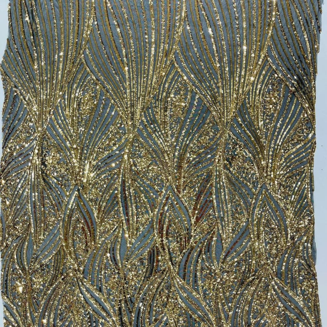 Luxury Shiny Sequin 4-Way Stretch Mesh Fabric – Prom & Evening Dress Material By The Yard. Black/Gold