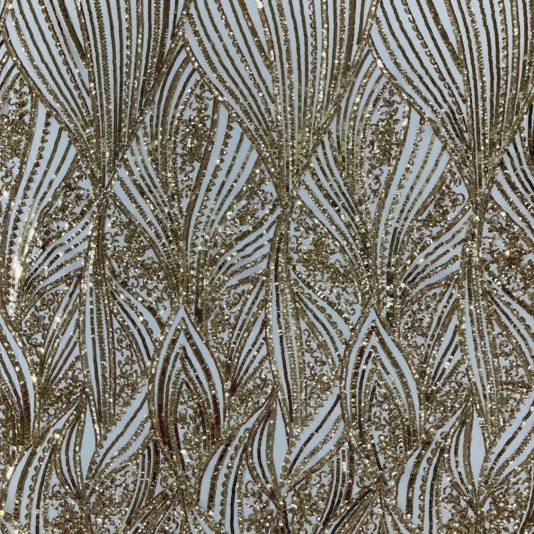 Luxury Shiny Sequin 4-Way Stretch Mesh Fabric – Prom & Evening Dress Material By The Yard. Gold