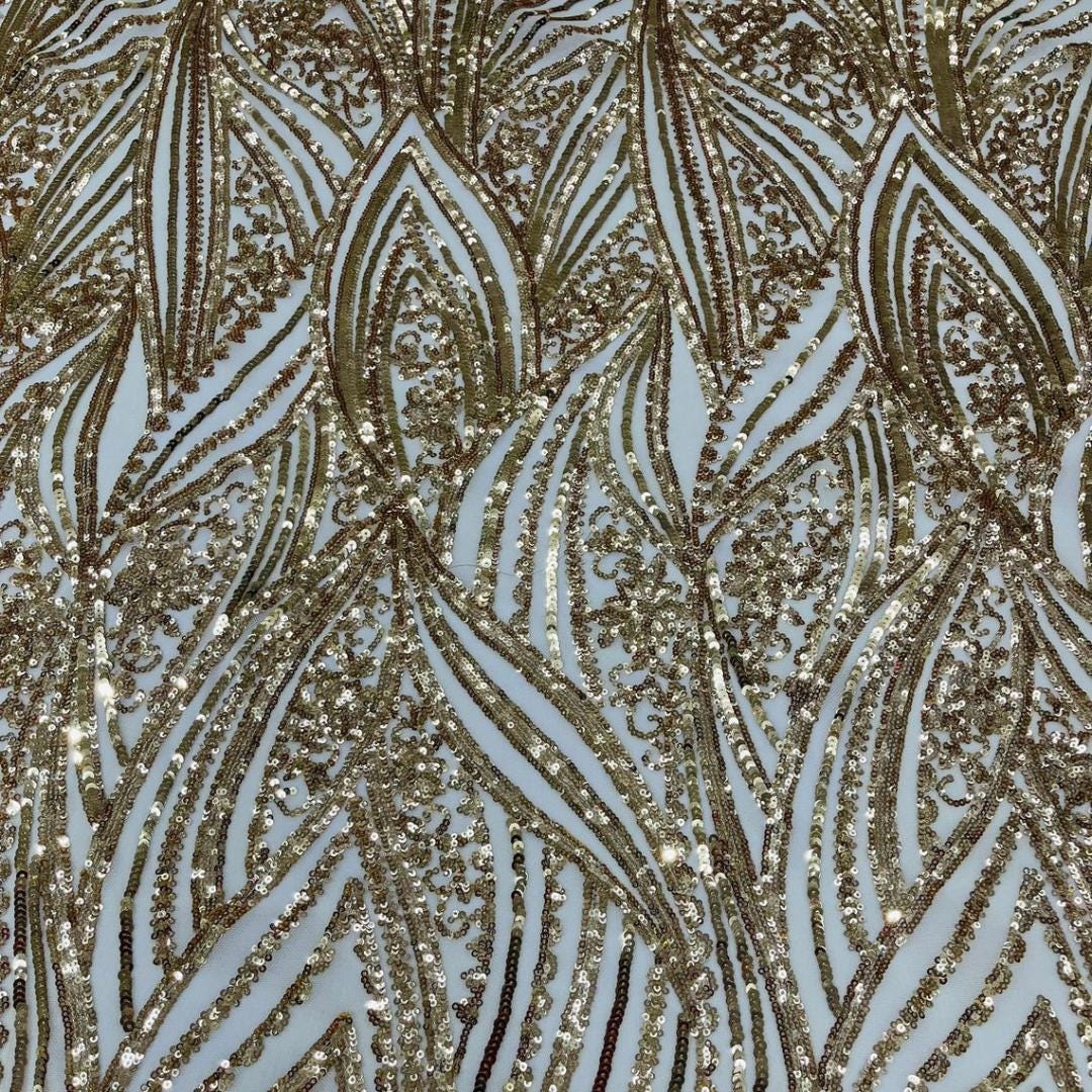 Luxury Shiny Sequin 4-Way Stretch Mesh Fabric – Prom & Evening Dress Material By The Yard. Gold
