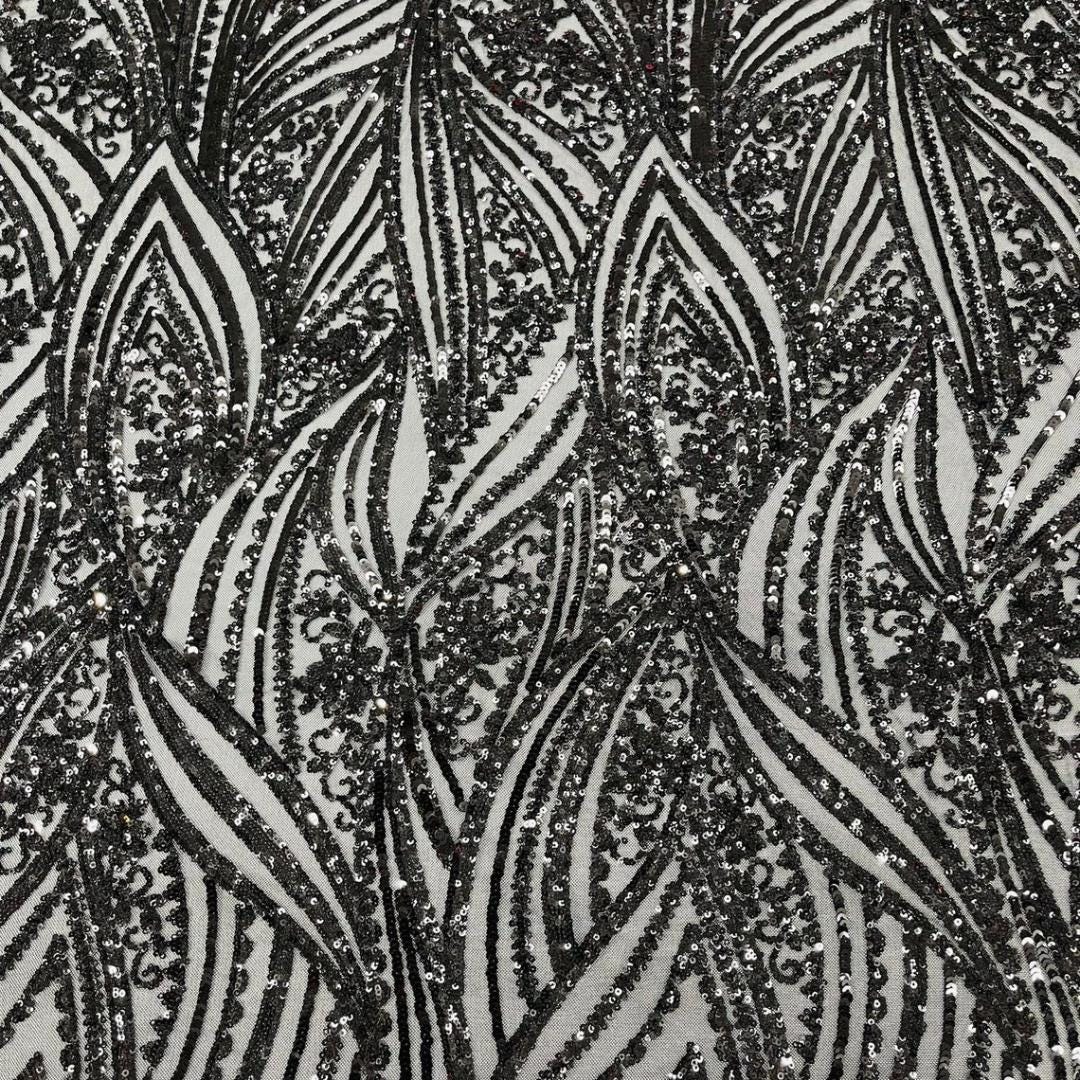 Luxury Shiny Sequin 4-Way Stretch Mesh Fabric – Prom & Evening Dress Material By The Yard. Black