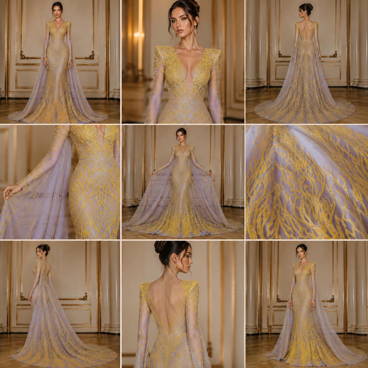 Wing Design Luxury Shiny Sequin - YELLOW - 4 Way Stretch Mesh Fabric – Prom & Evening Dress Material By The Yard.